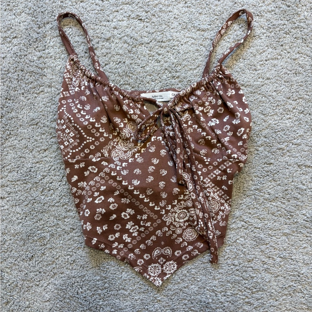 Active USA Brown and White Asymmetrical Tie Front Crop Top